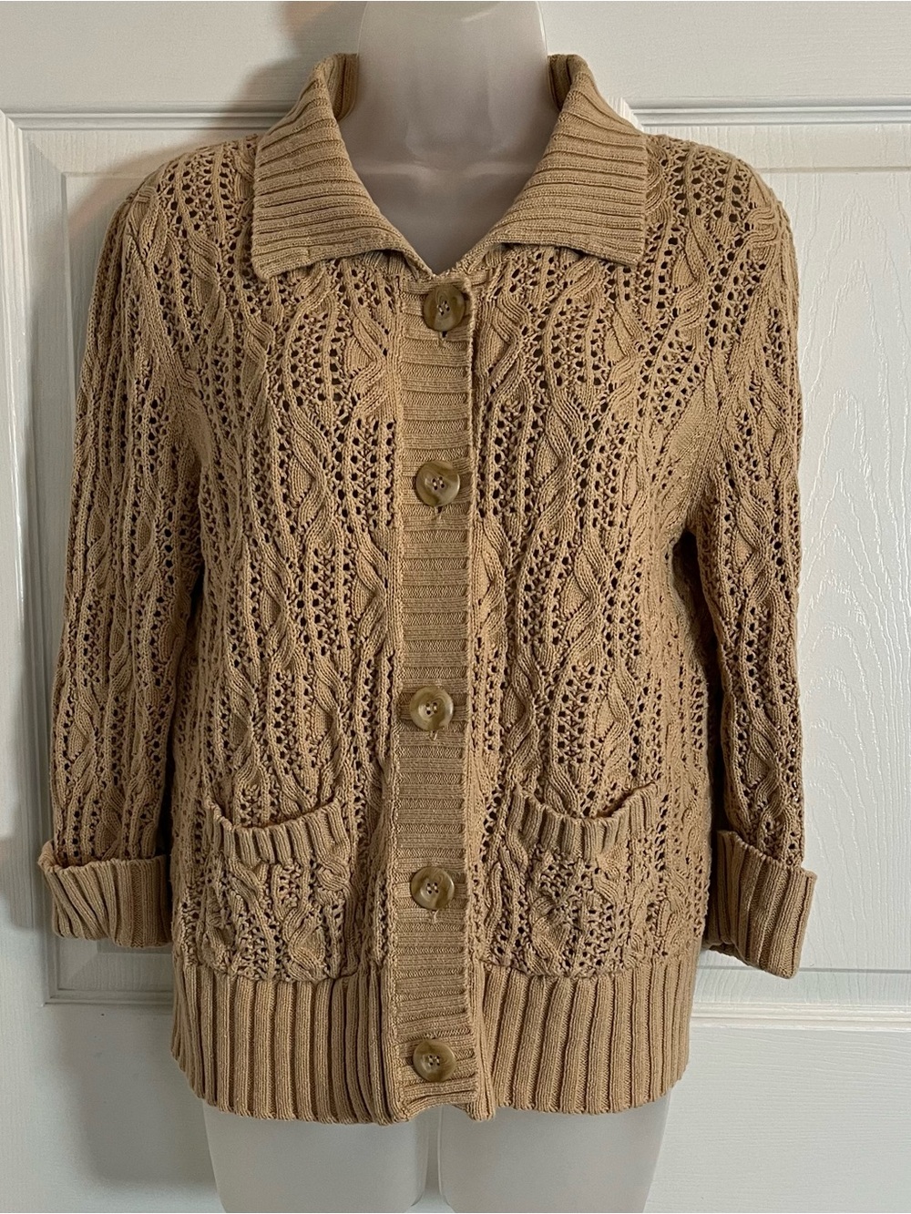 JM Collection 100% Cotton Cable Pointelle Knit Cardigan Tan Camel Pockets Medium